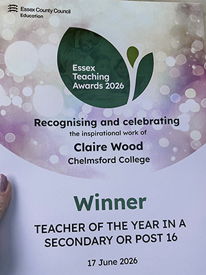 Chelmsford College Staff Member Wins Teacher of the Year Award!
